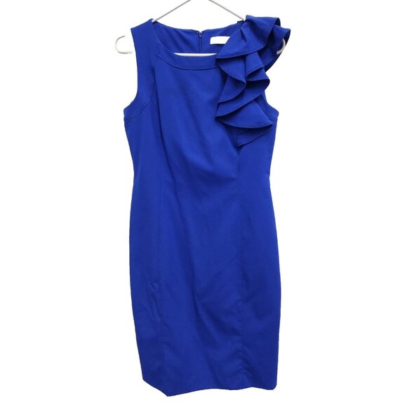 Calvin Klein Dresses & Skirts - Calvin Klein Womens Sheath Dress Size 4 Blue Sleeveless Ruffle Carrier Office